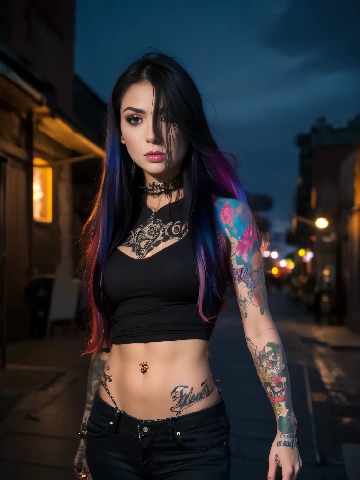 A woman with tattoos on her arms and chest standing on a street - SeaArt AI