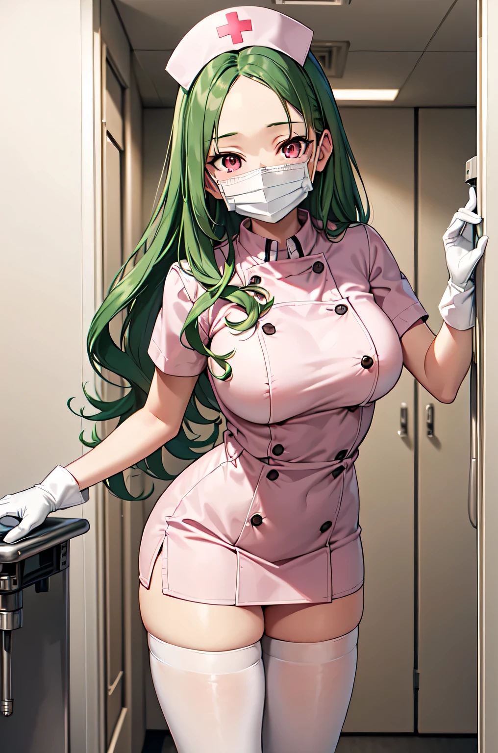 1woman, solo, nurse, white nurse cap, white nurse uniform, ((white legwear, zettai ryouiki)), white gloves, forehead, long hair, green hair, pink eyes, ((white surgical mask, covered nose)), standing, ((hospital room)), sharp outline, short sleeves, mature female, 35 years old, best quality, masterpiece