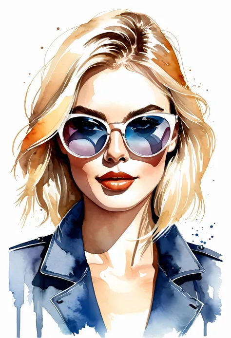 watercolor, vector style illustration of a fashionable blonde girl, wearing cat eye sunglasses, white background. isolated subje...