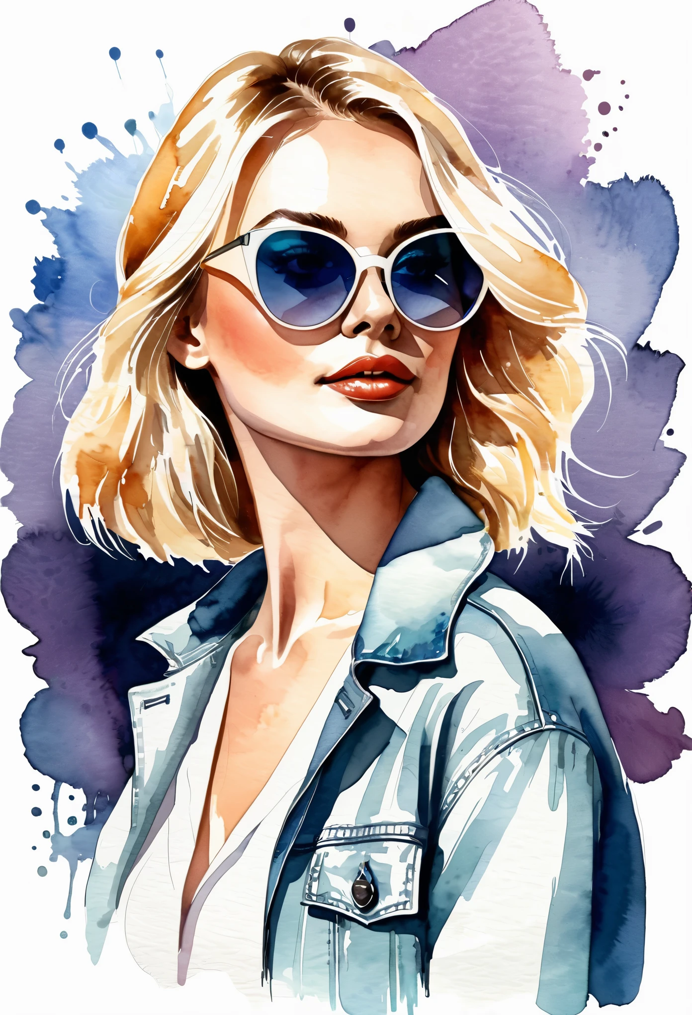 Watercolor, vector style illustration of a fashionable blonde girl, wearing cat eye sunglasses, White background. Isolated subject