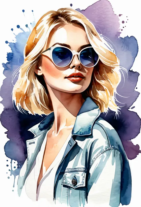 watercolor, vector style illustration of a fashionable blonde girl, wearing cat eye sunglasses, white background. isolated subje...