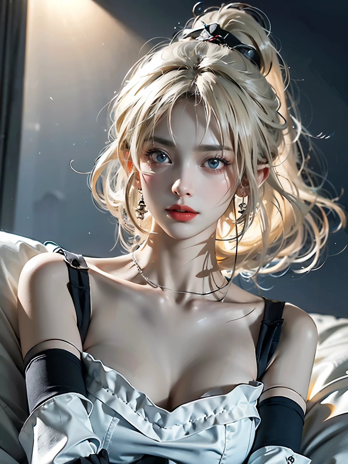 8k，artwork，modern hanfu,clavicle, ((Bare shoulders)), ((plump breasts)), actual, Fashion girl, Red lips, become a, cosmetic, big eyes, fair eyes, , ((Upper Body)), (best quality, masterpiece:1.2), Ultra Detailed, (actual:1.37), ((clavicle)), fair, Young and energetic, Charming model with (Exquisite eyes, Delicate lips, extremely Exquisite eyes), Show a bright smile, Create stunning girl images, warm color, Color saturation is very artistic, Extremely detailed CG unified 8k wallpaper,(High Dynamic Range :1.4), (Work),(Soft colors, The color is dull, Soothing tone :1.3), (Natural skin texture, ultra-actual, Soft Light, sharp),(Very detailed), night, moonlight, ((on the bed))，Delicate face，Look of contempt，The Queen&#39;s Face，Delicate face，Being pinched by the neck，blonde，（Close-up of face）