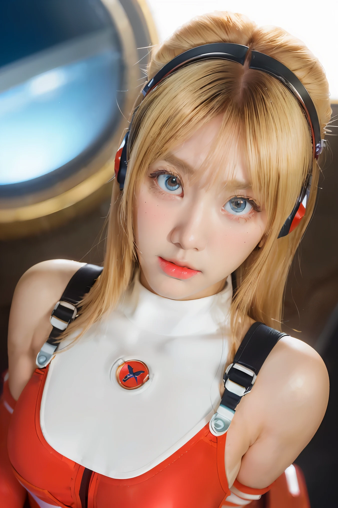 (Overhead view),dynamic angle,ultra-detailed, illustration, close-up, straight on, 1girl, 
 ((souryuu asuka langley, interface headset, red bodysuit:1.4, blonde)),Her eyes shone like dreamy stars,(glowing eyes:1.233),(beautiful and detailed eyes:1.1),(expressionless,closed mouth),(standing), 
(mechanic room with toolsand spaceship windowin a white SPACESHIP),
(night:1.2),dreamy, [[delicate fingers and hands:0.55]::0.85],(detail fingers),