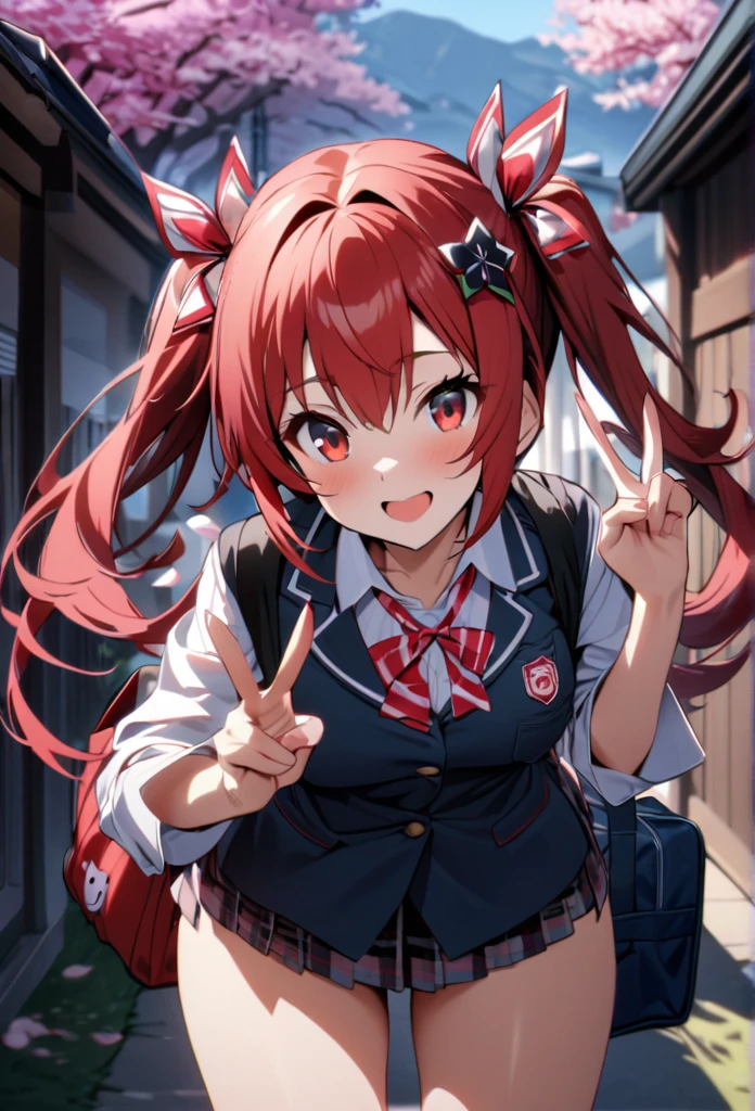 High quality, high definition, hig
h precision images,8k 1 Girl Robot Girl、red hair,Twin tails,Red eyes,Leaning forward Head decoration、School stuff,have a student bag,The cherry blossoms bloom,V sign to the camera