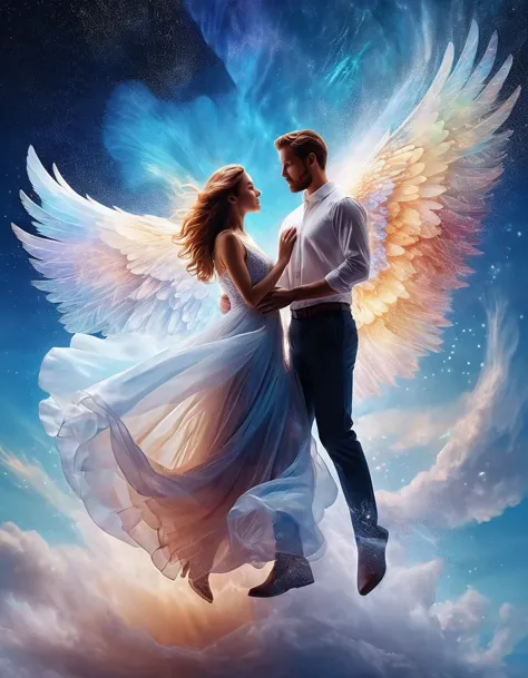 (Best Quality,4K,HD,Masterpiece:1.2),Ultra-detailed,realistic
(floating soaring sky portrait of beautiful romantic couple), blue...