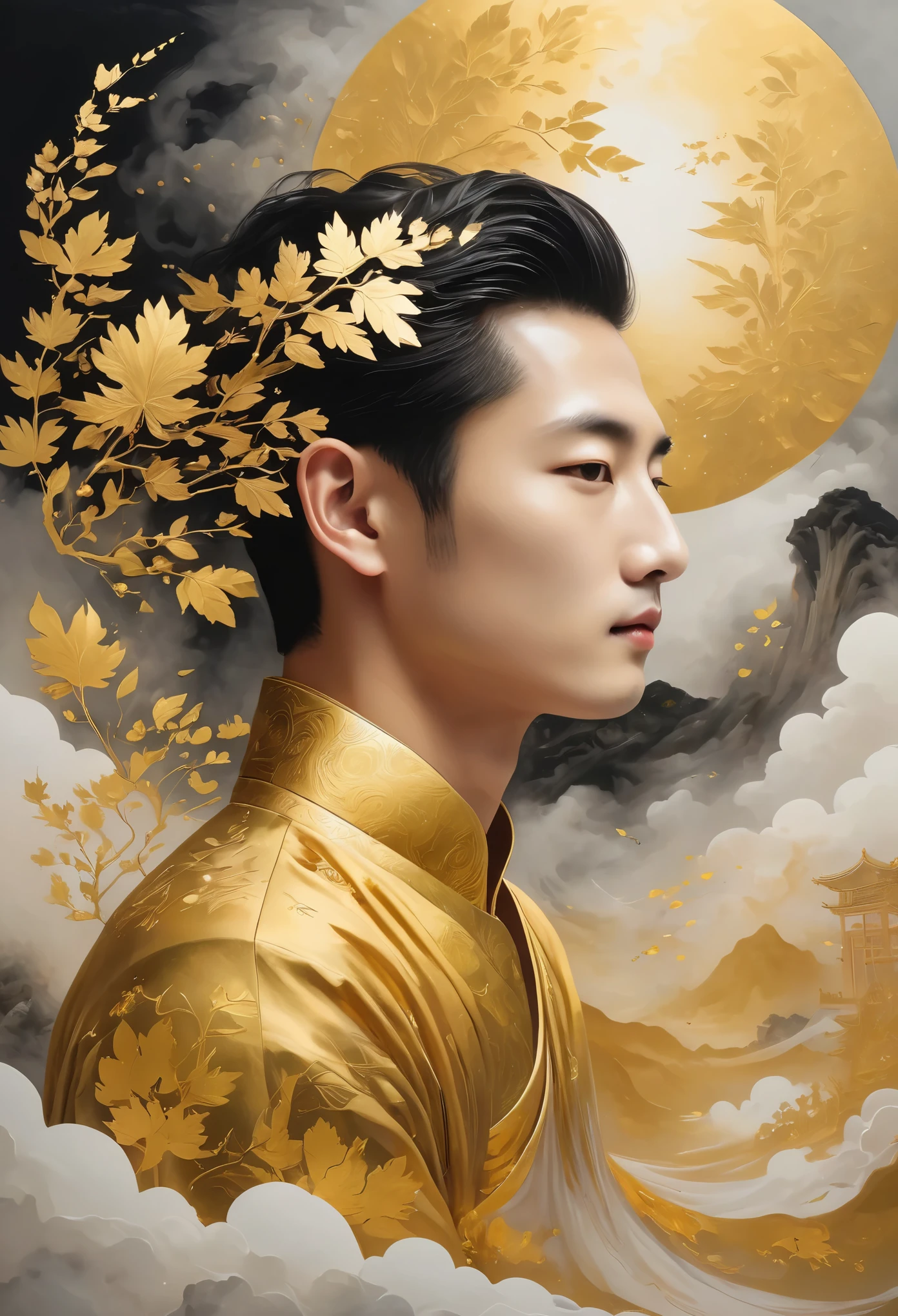 (gold leaf art:1.5)，A black and gold-rimmed giant hand fell from the sky, face of a handsome young male, Dunhuang murals as background, minimalist, line art, From front and center to ghostly smoke, Transition from entity to ghost, Smart, powerful and calm, Rich in details, Psychedelic, fantastic, drama, Chinese ancient style, style, ink painting, fantasy, surreal, ethereal