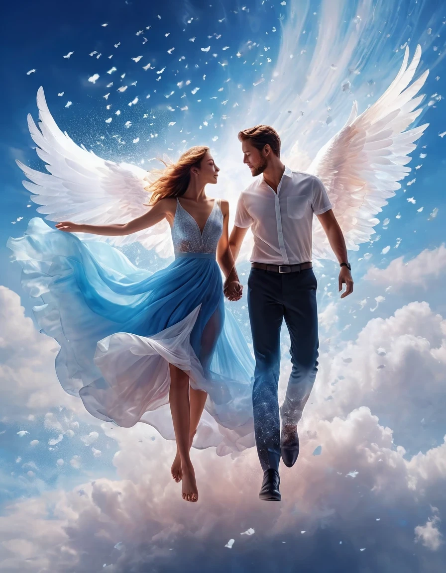 (Best Quality,4K,HD,Masterpiece:1.2),Ultra-detailed,realistic
(floating soaring sky portrait of beautiful romantic couple), blue gradient dissolving pixels, 3d rendering, head to toe initially intact but gradually disintegrating aerial structure, sunlight pouring in, holographic cosmic background.