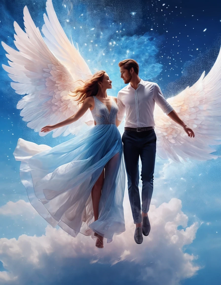 (Best Quality,4K,HD,Masterpiece:1.2),Ultra-detailed,realistic
(floating soaring sky portrait of beautiful romantic couple), blue gradient dissolving pixels, 3d rendering, head to toe initially intact but gradually disintegrating aerial structure, sunlight pouring in, holographic cosmic background.