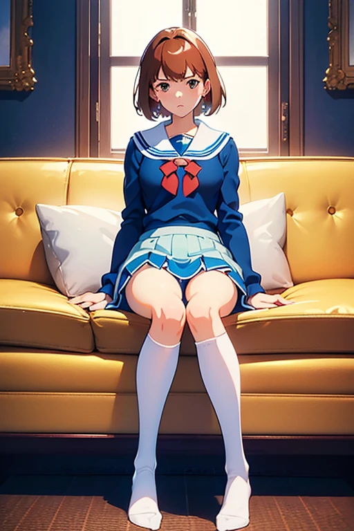 (masterpiece, highest quality, High resolution, Anime screenshots, Anime Color, 8k, Realistic), High School Girl Nausicaa, very cute, Sad expression, beautiful girl, Pure, Baby Face, blush, alone, Brown Hair, short hair, Red Gem Earrings, Puzzled, Secret Feelings, Moist eyes, (Looking at the audience), Cleavage, Beautiful breasts, (High School Girl Uniform, mini skirt,Knee-high socks), Perfect beauty, Slim body, Luxury hotel suites, (Perfectly detailed anatomy, Beautiful and elaborate face&eye:1.5, Shiny skin, Perfect body)、White underwear、I want to see the whole body