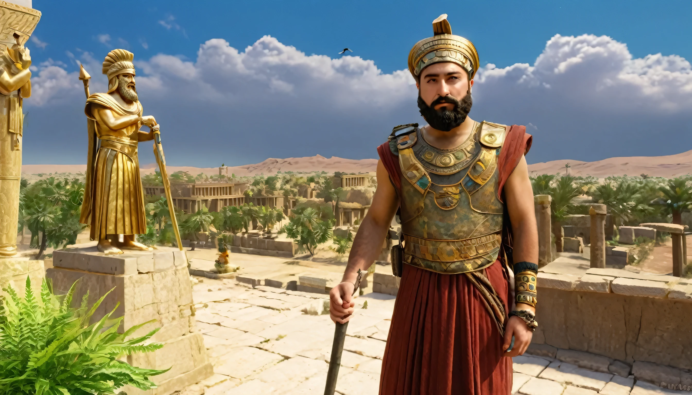 ancient Babylon, Akkadian King Sargon wearing a garment, scene includes buildings, weapons, and outdoor settings, 1boy, solo, male_focus, staff, bird, jewelry, bracelet, outdoors, facial_hair, cloud, holding, sky, looking_at_viewer, holding_staff, statue, beard, standing, ruins, plant