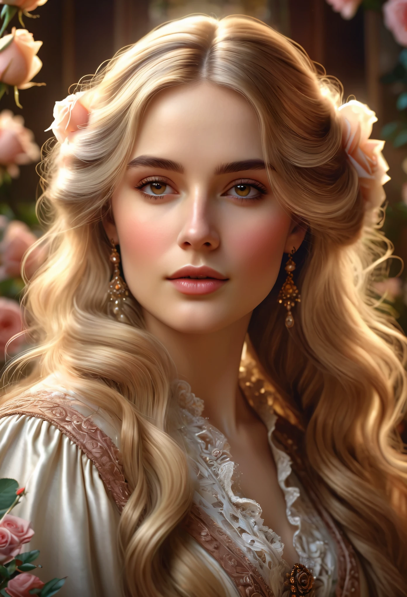 best quality, masterpiece, a stunning illustration of a Victorian woman with long blonde hair and brown eyes, rose, dreamy, (beautifully detailed face:1.2), soft light, ray tracing, highly detailed, 8k
