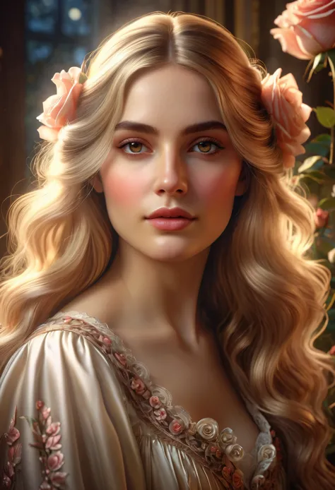 best quality, masterpiece, a stunning illustration of a victorian woman with long blonde hair and brown eyes, rose, dreamy, (bea...