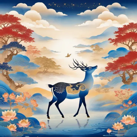 Dunhuang art style illustration,a magnificent nine-colored deer surrounded by auspicious clouds ,（The deer was shining with star...