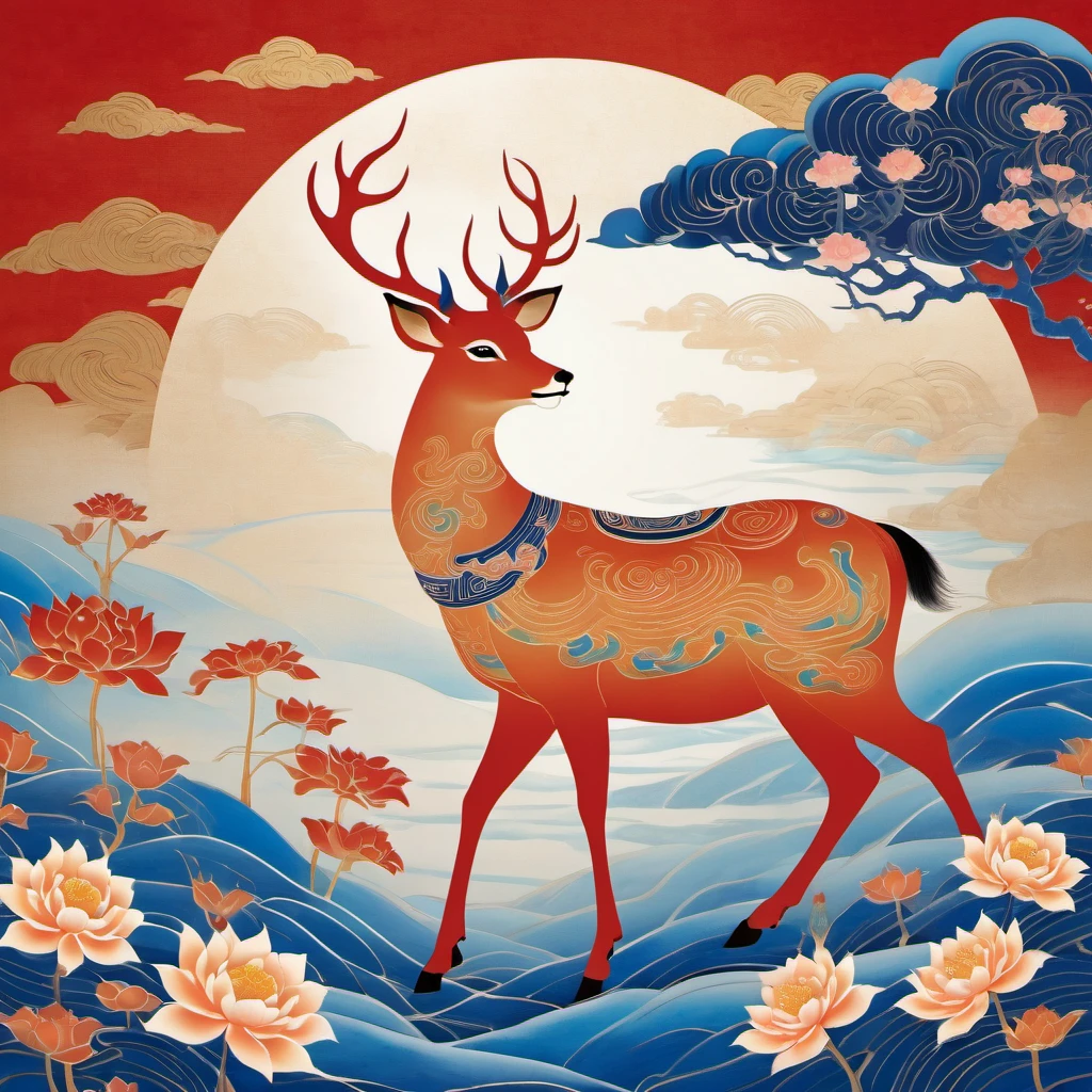 Dunhuang art style illustration,a magnificent nine-colored deer surrounded by auspicious clouds ,（The deer was shining with stars：1.36） Standing in the lotus pond ,extremely delicate brushstrokes, soft and smooth, China red and indigo, golden background