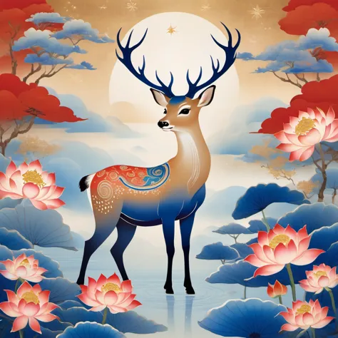 Dunhuang art style illustration,a magnificent nine-colored deer surrounded by auspicious clouds ,（The deer was shining with star...