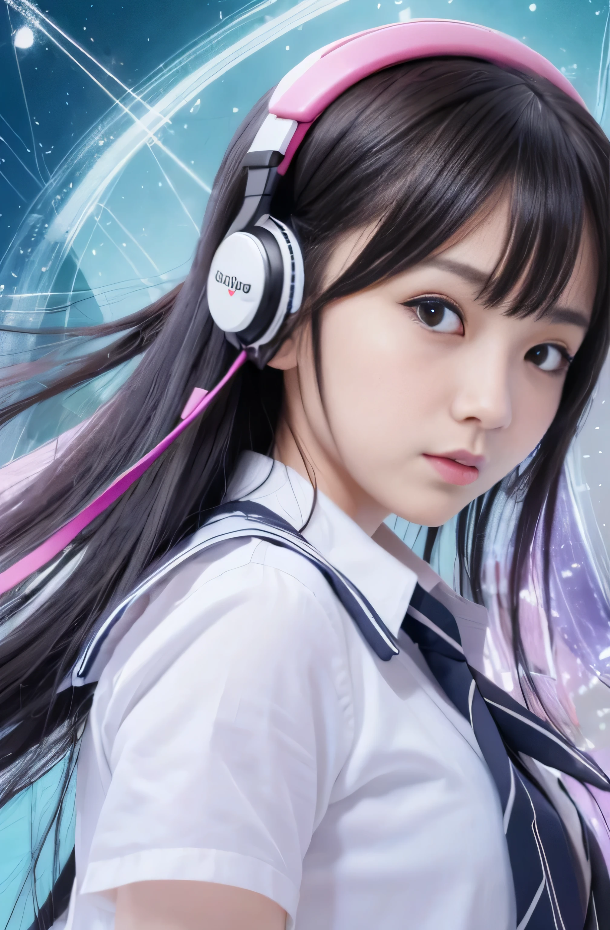 ((RAW Image Quality:1.4)), Girl with long hair and blue eyes in front of a colorful background, uniform, White thin blouse, Big Breasts, Hair blowing in the wind, Cute girl visuals, Moe art style, Smooth art photography, Hololive, Visual novel, Beautiful school girl, headphone, Splash Art , hanayamata, Portraiture, Cute and realistic portrait, everyone, Official artwork