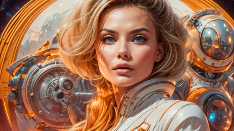 arafed image of a white woman in a futuristic suit with a spaceship in the background, movie art, in front of an orange backgrou...