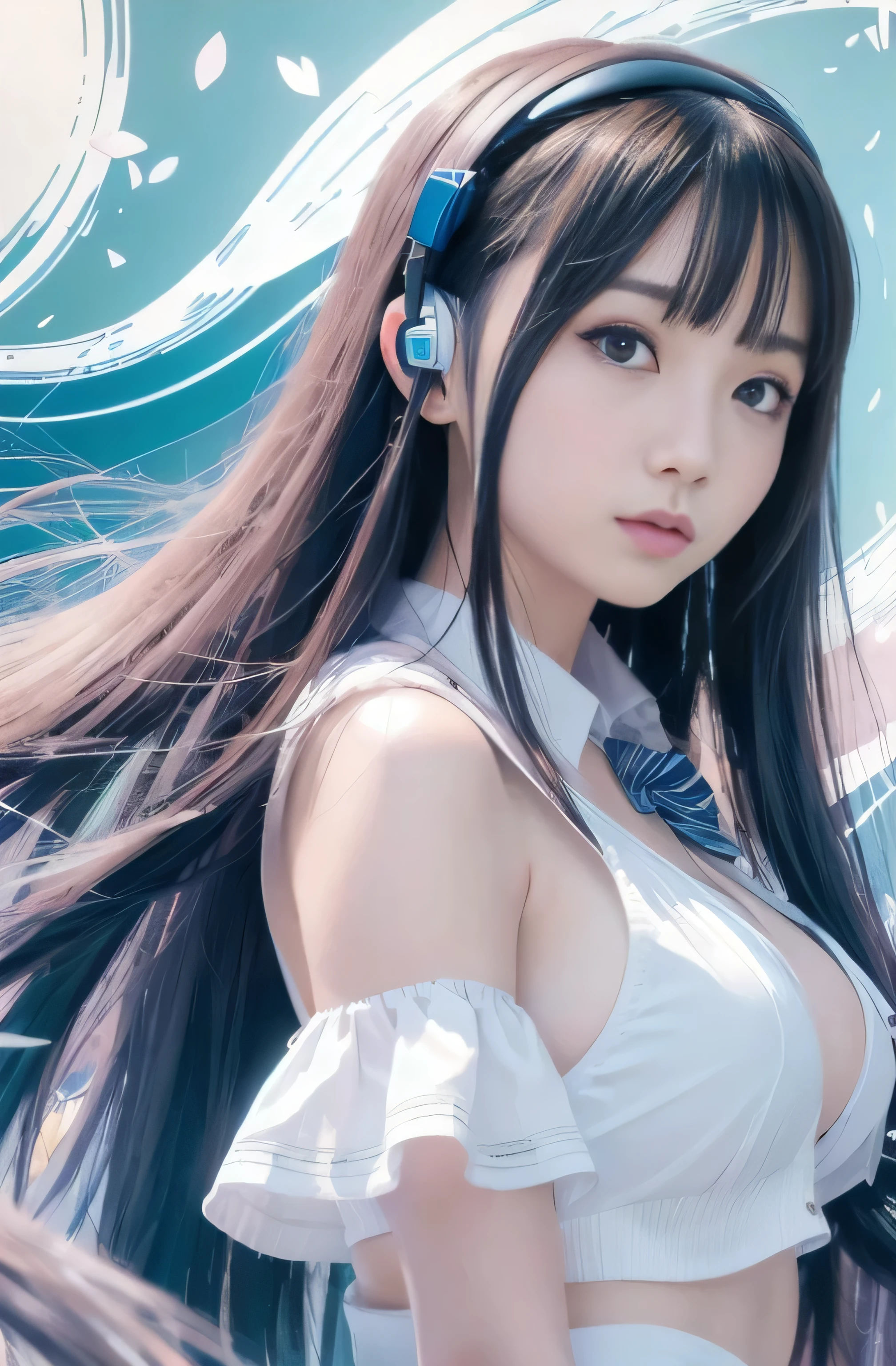 ((RAW Image Quality:1.4)), Girl with long hair and blue eyes in front of a colorful background, uniform, Thin white unbuttoned blouse, light blue bra, Big Breasts, Hair blowing in the wind, Cute girl visuals, Moe art style, Smooth art photography, Hololive, Visual novel, Beautiful school girl, headphone, Splash Art , hanayamata, Portraiture, Cute and realistic portrait, everyone, Official artwork