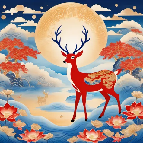 Dunhuang art style illustration,a magnificent nine-colored deer surrounded by auspicious clouds ,（The deer was shining with star...