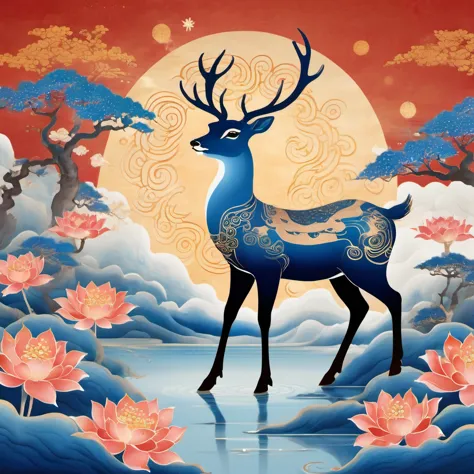 Dunhuang art style illustration,a magnificent nine-colored deer surrounded by auspicious clouds ,（The deer was shining with star...