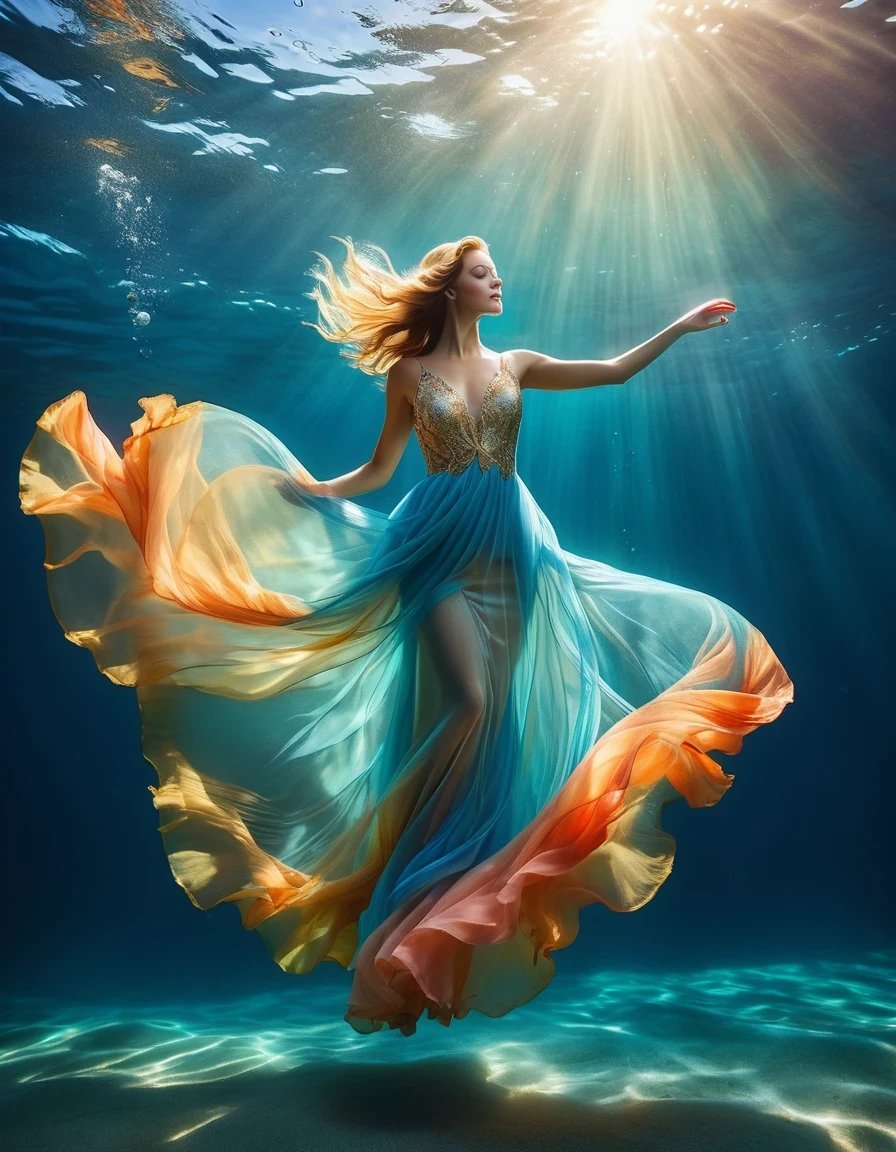 Num dia de sol (uma mulher encantadora flutuando na água do mar azul usando um vestido de noite completo), com cintura dobrada, ginástica artística subaquática, fotografia subaquática, atmosfera etérea, iluminação subaquática elegante, a melhor qualidade, alta resolução, ultrafino, realismo fotográfico: 1.37, Estilo Shaw, Estilo Zena Holloway, cores vibrantes em uma paleta de sonho, suave luz solar dourada brilhando através da água, criando uma luz celestial. A superfície do oceano é brilhante e exuberante, e o tecido esvoaçante do vestido de noite gira graciosamente na água. O olhar encantador da mulher, Olhos encantadores e expressivos, e cabelos longos esvoaçantes suavemente O chão flutua na água, criando uma atmosfera mágica e leve, com sugestões sutis de criaturas marinhas, como peixes coloridos ou corais delicados, Capturando a tranquilidade e a tranquilidade suspensa na água, elegância e sofisticação entrelaçadas com a beleza natural do oceano, mulheres exalam elegância e confiança, misturando-se facilmente no ambiente aquático.