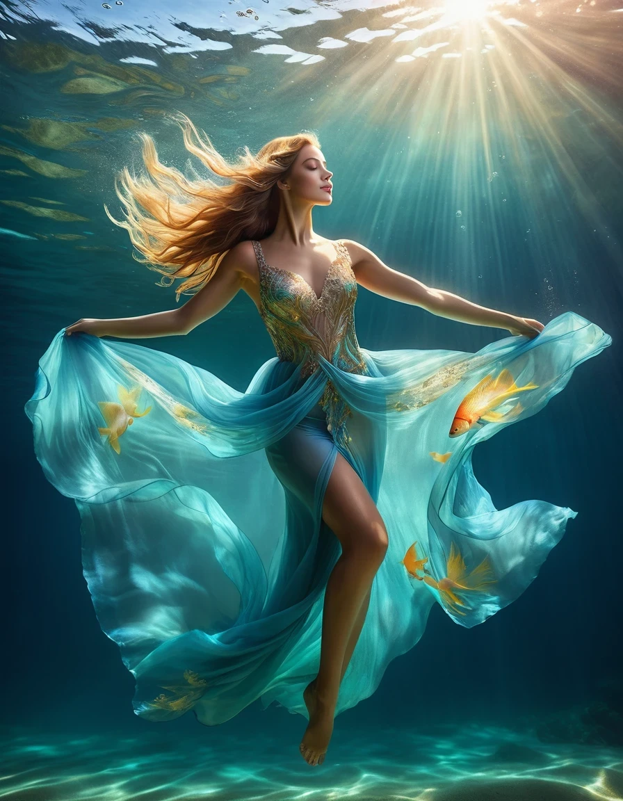 Num dia de sol (uma mulher encantadora flutuando na água do mar azul usando um vestido de noite completo), com cintura dobrada, ginástica artística subaquática, fotografia subaquática, atmosfera etérea, iluminação subaquática elegante, a melhor qualidade, alta resolução, ultrafino, realismo fotográfico: 1.37, Estilo Shaw, Estilo Zena Holloway, cores vibrantes em uma paleta de sonho, suave luz solar dourada brilhando através da água, criando uma luz celestial. A superfície do oceano é brilhante e exuberante, e o tecido esvoaçante do vestido de noite gira graciosamente na água. O olhar encantador da mulher, Olhos encantadores e expressivos, e cabelos longos esvoaçantes suavemente O chão flutua na água, criando uma atmosfera mágica e leve, com sugestões sutis de criaturas marinhas, como peixes coloridos ou corais delicados, Capturando a tranquilidade e a tranquilidade suspensa na água, elegância e sofisticação entrelaçadas com a beleza natural do oceano, mulheres exalam elegância e confiança, misturando-se facilmente no ambiente aquático.