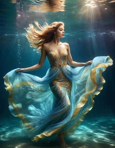 On sunny days, (charming woman in a full evening gown floating in the blue seawater),
underwater photography, ethereal atmospher...