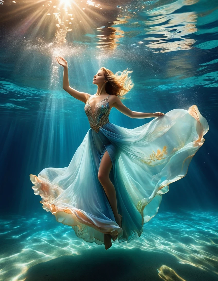 in style of Willem Haenraets，On a sunny day (a charming woman floating in blue seawater wearing a full evening gown), with a bent waist, underwater artistic gymnastics, underwater photography, ethereal atmosphere, elegant underwater lighting, the best quality, high resolution, ultra fine, photo realism: 1.37, Shaw style, Zena Holloway style, vibrant colors in a dreamy palette, soft golden sunlight shining through the water, creating a heavenly light. The ocean surface is sparkling and lush, and the flowing evening gown fabric gracefully flips in the water. The woman's charming gaze, charming and expressive eyes, and flowing long hair gently The ground floats in the water, creating a magical and weightless atmosphere, with subtle hints from marine creatures such as colorful fish or delicate corals, Capturing the tranquility and tranquility suspended in the water, elegance and sophistication intertwined with the natural beauty of the ocean, women exude elegance and confidence, effortlessly blending into the aquatic environment.