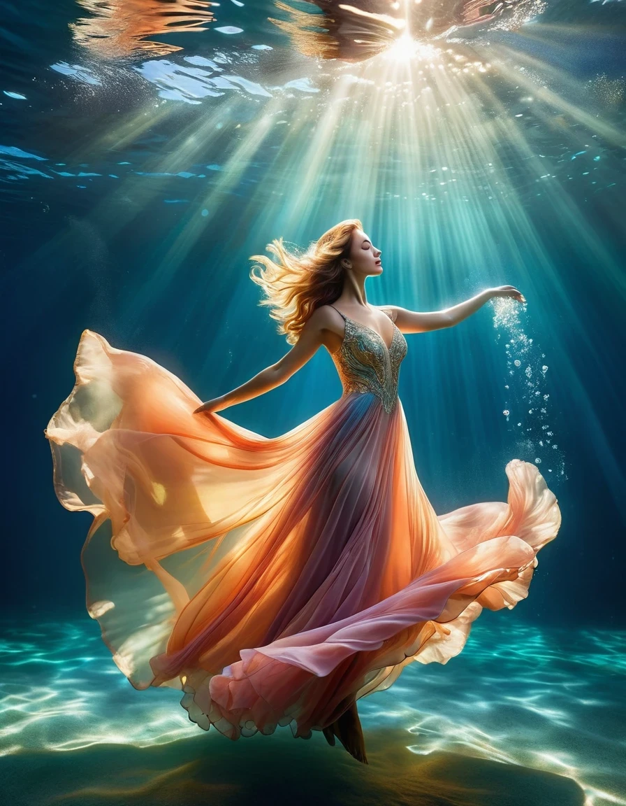 On a sunny day (a charming woman floating in blue seawater wearing a full evening gown), with a bent waist, underwater artistic gymnastics, underwater photography, ethereal atmosphere, elegant underwater lighting, the best quality, high resolution, ultra fine, photo realism: 1.37, Shaw style, Zena Holloway style, vibrant colors in a dreamy palette, soft golden sunlight shining through the water, creating a heavenly light. The ocean surface is sparkling and lush, and the flowing evening gown fabric gracefully flips in the water. The woman's charming gaze, charming and expressive eyes, and flowing long hair gently The ground floats in the water, creating a magical and weightless atmosphere, with subtle hints from marine creatures such as colorful fish or delicate corals, Capturing the tranquility and tranquility suspended in the water, elegance and sophistication intertwined with the natural beauty of the ocean, women exude elegance and confidence, effortlessly blending into the aquatic environment.