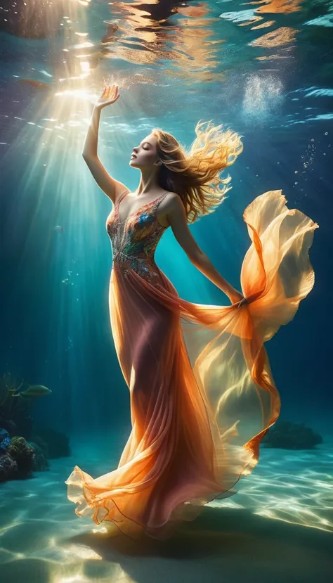 On a sunny day (a charming woman floating in blue seawater wearing a full evening gown), with a bent waist, underwater artistic ...