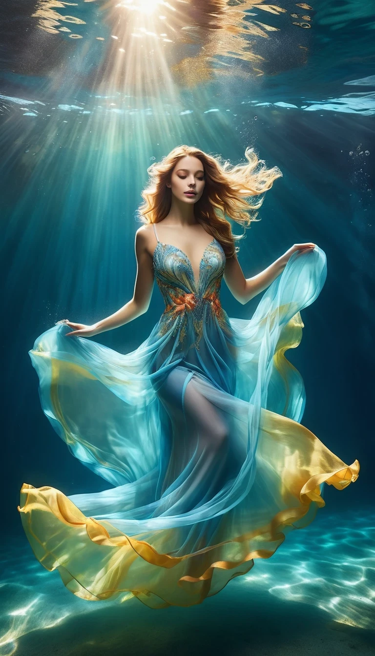 un jour ensoleillé (une charmante femme flottant dans l&#39;eau de mer bleue portant une robe de soirée complète), avec une taille courbée, gymnastique artistique sous-marine, Photographie sous-marine, ambiance éthérée, éclairage sous-marin élégant, La meilleure qualité, haute résolution, Ultra fin, réalisme photographique: 1.37, Style Shaw, Style Zena Holloway, des couleurs vibrantes dans une palette de rêve, la douce lumière du soleil dorée brille à travers l&#39;eau, créer une lumière céleste. La surface de l&#39;océan est étincelante et luxuriante, et le tissu fluide de la robe de soirée se retourne gracieusement dans l&#39;eau.. Le regard charmant de la femme, Des yeux charmants et expressifs, et les cheveux longs coulent doucement Le sol flotte dans l&#39;eau, créant une atmosphère magique et en apesanteur, avec des notes subtiles de créatures marines telles que des poissons colorés ou des coraux délicats, Capturer la tranquillité et la tranquillité suspendues dans l&#39;eau, Élégance et sophistication mêlées à la beauté naturelle de l&#39;océan, Les femmes respirent l’élégance et la confiance, se fondant sans effort dans le milieu aquatique.