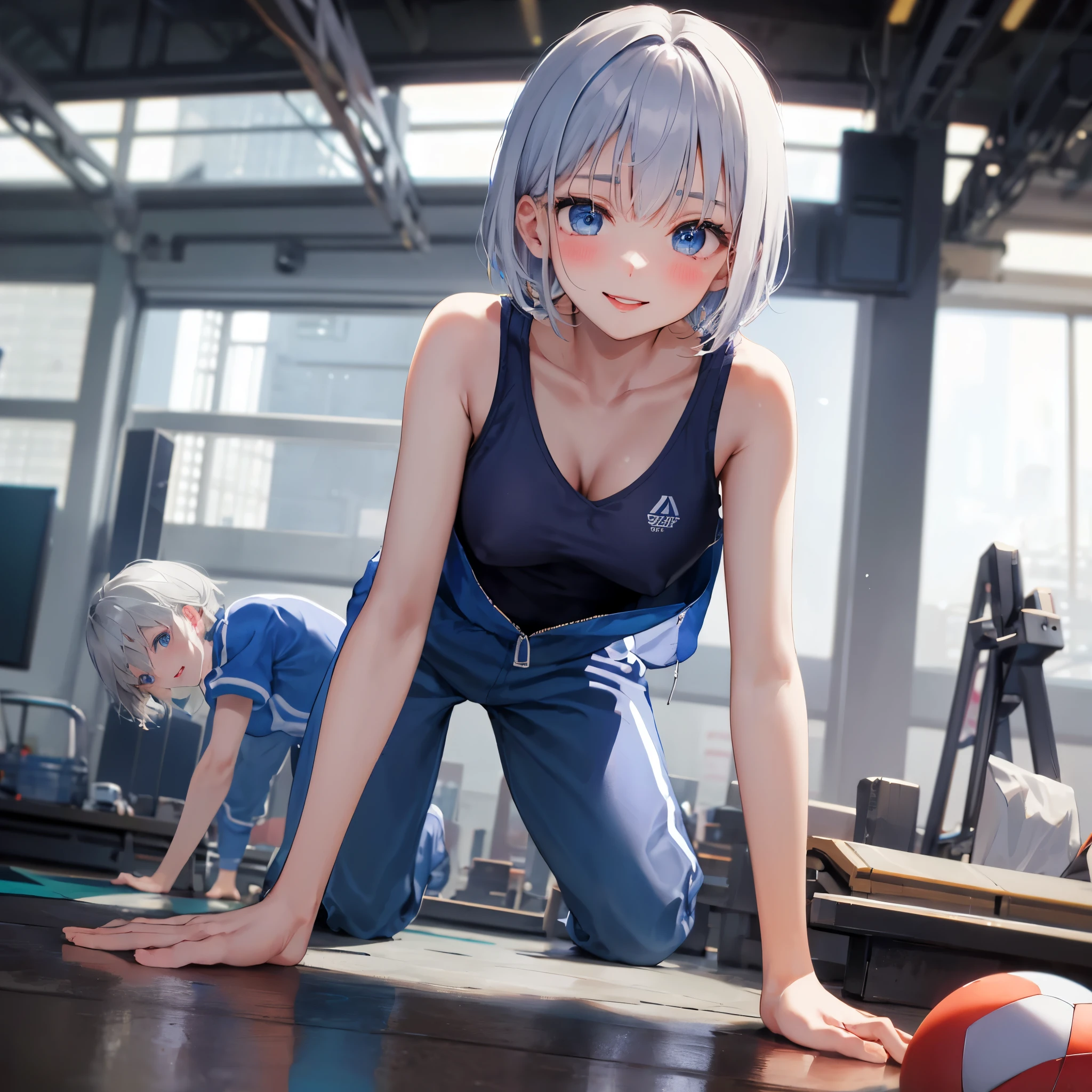 (masterpiece, best quality), 1girl, close-up face, (from front:1.2), (on all fours on the floor:1.2), (looking down:1.2), break girl, casual,Gym suit、Wearing a jersey、school gym、 (bra:1.2), breast gap, medium breasts, hanging breasts, downblouse,Nipples are visible、Not wearing a bra、Leaning forward、Silver hair, very short hair, slanted eyes, medium breasts（C Cup)-Pale blue eyes、、８K, highest quality, masterpiece, Ultra-detailed、full lips、、、Blushing、lipstick、Perfect hands、Detailed hand、、young face、、full lips、Pale blue eyes、、perfect hands、detailed hands,、Smile、smile、gymnastics matの上、gymnastics mat、Gym suit,Wearing a jersey、Wearing spats