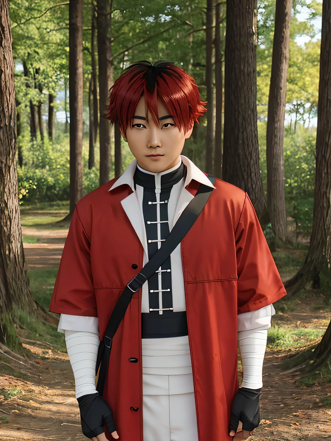 masterpiece, best quality, realisti, cosplayer, Asian man, 1boy, solo, male focus, looking at viewer, upper body, depth of field, anime coloring, , stark_sousou_no_frieren, red hair, red eyes, multicolored hair, black hair, two-tone hair, geek costume, village, outdoor, standing 