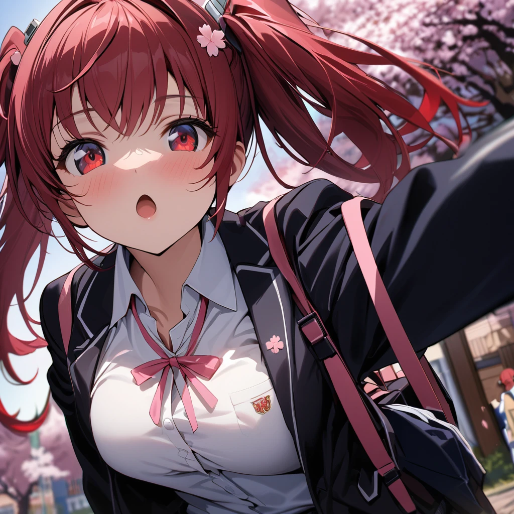 High quality, high definition, hig
h precision images,8k 1 Girl Robot Girl、red hair,Twin tails,Red eyes,Leaning forward Head decoration、School stuff,have a student bag,The cherry blossoms bloom,White shirt, black jacket, pink ribbon on the chest,robot style barrette, low angle 