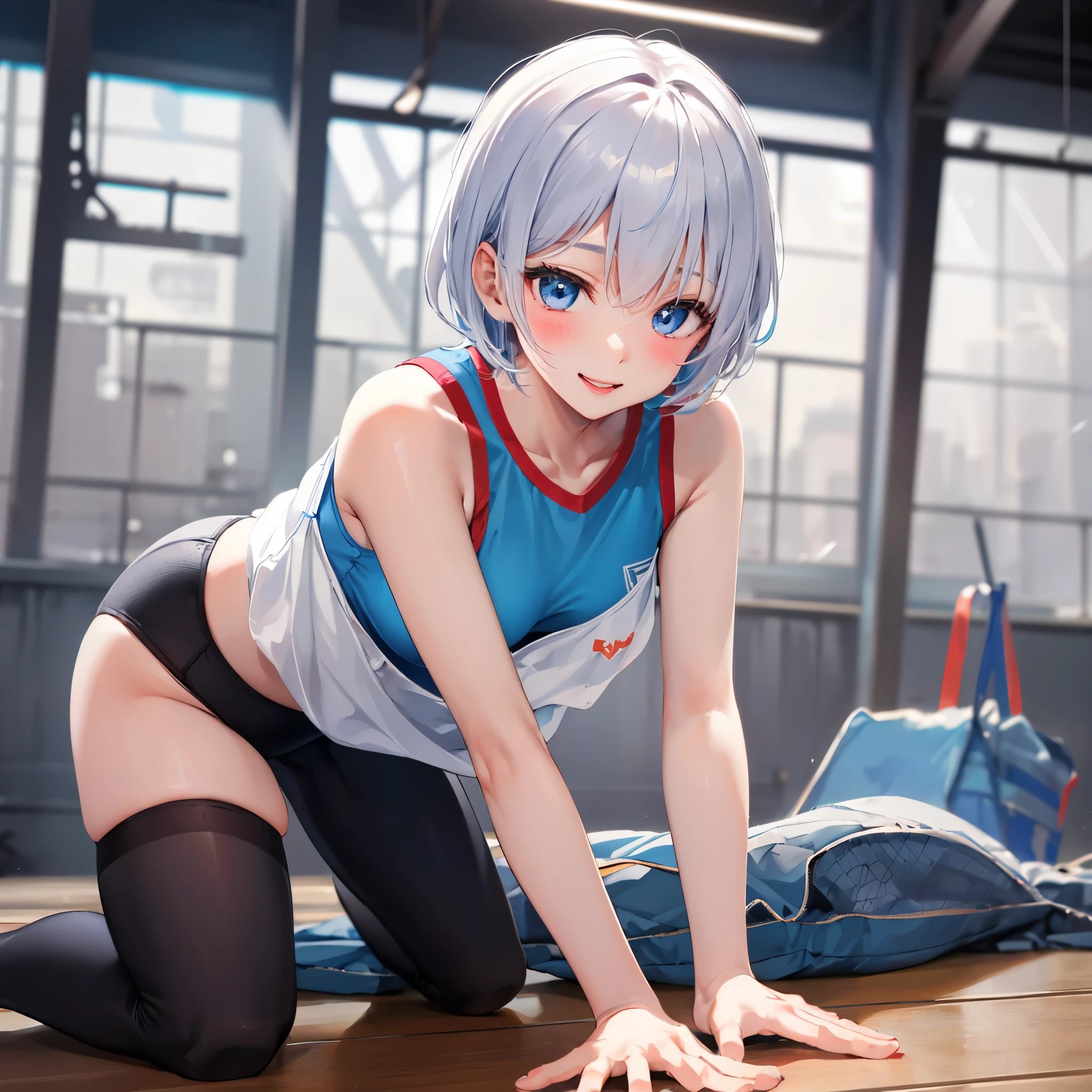 (masterpiece, best quality), 1girl, close-up face, (from front:1.2), (on all fours on the floor:1.2), (looking down:1.2), break girl, casual,Gym suit、Wearing a jersey、school gym、 (bra:1.2), breast gap, medium breasts, hanging breasts, downblouse,Nipples are visible、Not wearing a bra、Leaning forward、Silver hair, very short hair, slanted eyes, medium breasts（C Cup)-Pale blue eyes、、８K, highest quality, masterpiece, Ultra-detailed、full lips、、、Blushing、lipstick、Perfect hands、Detailed hand、、young face、、full lips、Pale blue eyes、、perfect hands、detailed hands,、Smile、smile、gymnastics matの上、gymnastics mat、Gym suit,Wearing a jersey、Wearing spats