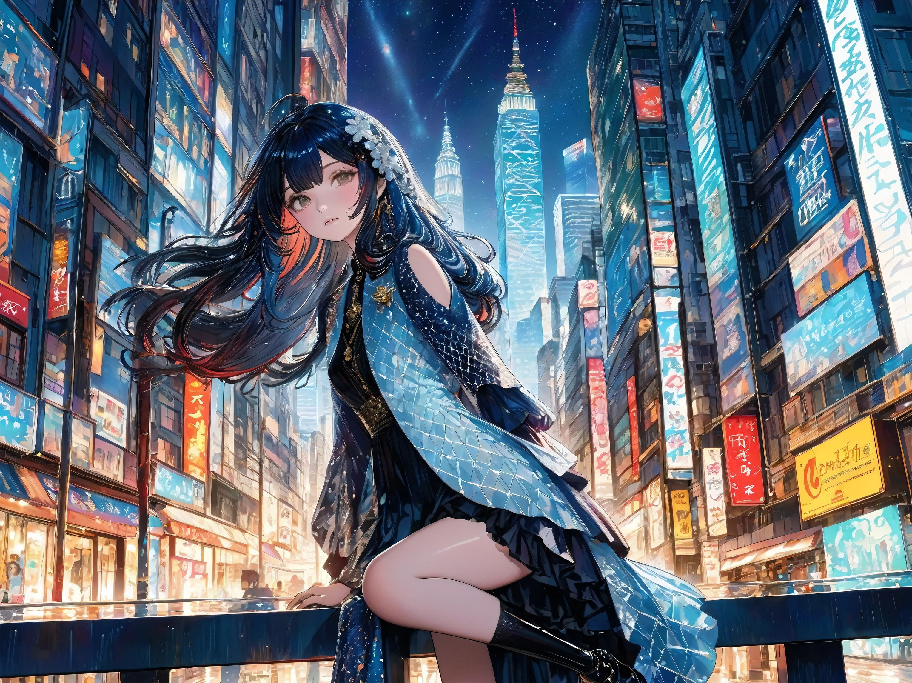 ((Very detailed), #007199 Background, Town, building, rain, Town Lights, signboard, Sparkling, Rich gradation, Watercolor pattern in muted colors), (Cinematic), ((Ultra-detailed, Beautiful Face, 1 girl), Long Hair, Dynamic Angle, Cowboy Shot, Black coat, Happy), Anime girl in the town at night, digital Cyberpunk anime art, Digital Cyberpunk - Anime Art, Anime Cyberpunk art, Modern cyberpunk anime, Cyberpunk Anime Girl, Cyberpunk anime art, female Cyberpunk Anime Girl, Anime Cyberpunk, In Cyberpunk City, Cyberpunk art style, Anime Style 4k, 4k anime wallpaper, Dreamy Cyberpunk Girl, Cyberpunk Style, In a cyberpunk city