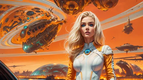 arafed image of a white woman in a futuristic suit with a spaceship in the background, movie art, in front of an orange backgrou...