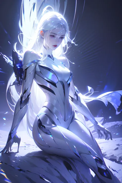 ((girl, Mecha)), Glowing eyes, Delicate face, Damaged Armor, Mechanical aura, Mechanical arm, White hair, Long hair, Ceramic bod...