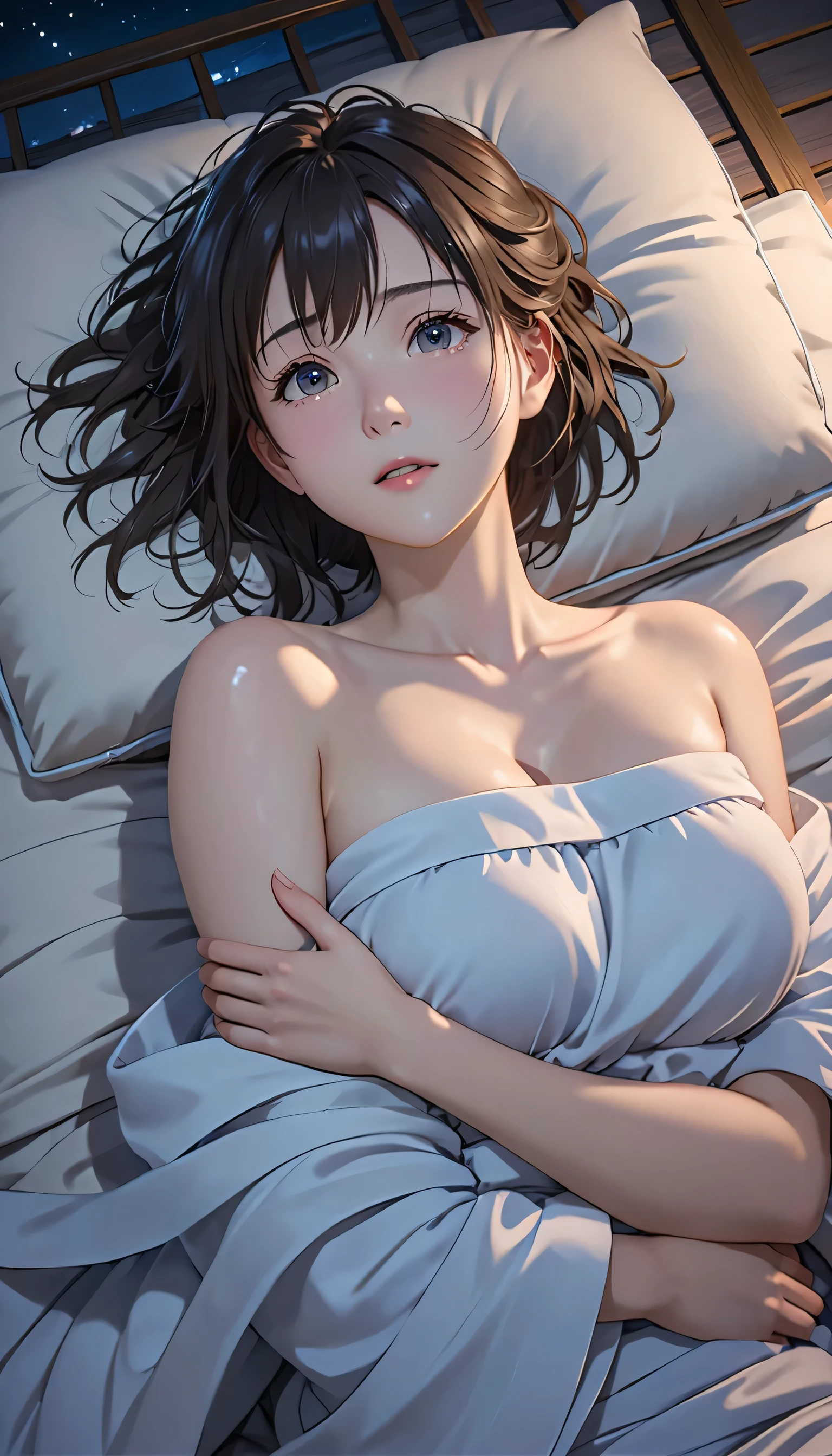 masterpiece, High resolution, figure, Kyoto Animation Style, Your Name Movie Style, night, mid-night, Light, (1girl:1.3), (alone:1.4), Long eyelashes, messy hair, medium hair, futon, Lying down, (covering chest by hand), (((in heat, aroused, wishful))), ideal ratio body proportions, sagging breasts, from above, looking up at viewer, {{{{vulgarity}}}}