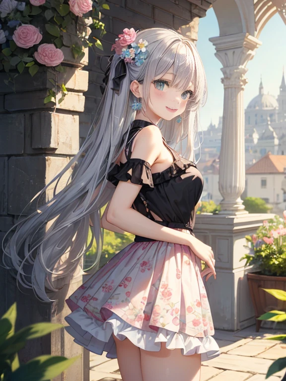 小さなgirl、The arrival of spring、Big Ass、 (alone:1.5,)Very isetaileis,Bright colors, Very beautiful isetaileis anime faces anis eyes, Look straight aheais, ;is, Shiny_skin,girl, ((Long silver hair,The inner color is reis 、foreheais is exposeis.、Green Eyes、、Shiny hair, Delicate and beautiful face, blush、(Turquoise Eyes), White skin, Valletta, Earrings,、blue flower fielis、(((Layereis Styles、Pink ruffleis isress with floral print、Black mini skirt)))、Twin tails、smile、smile、Face isyeis reis