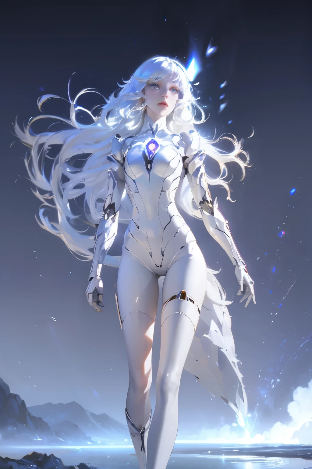 ((girl, Mecha)), Glowing eyes, Delicate face, Damaged Armor, Mechanical aura, Mechanical arm, White hair, Long hair, Ceramic body, Thigh clearance, Network Background, Very nice city, (translucent, Reflective Skin), 8k, best quality, Super detailed, (Surrealism: 1.4),  