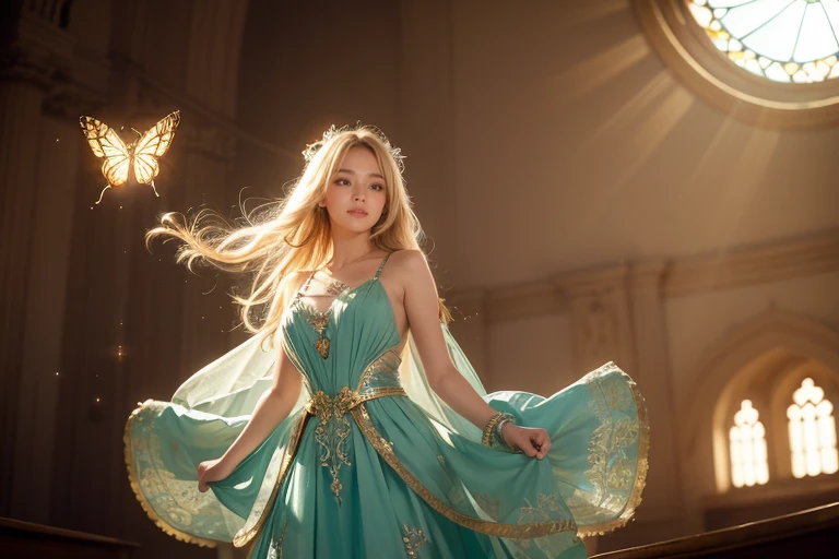 1 girl, masterpiece, very detailed, ((cinematic lighting)), (shine), ((dramatic lighting)), ((beautiful delicate shine)), intricate details, Lens flare, blonde, long hair, colorful dresses, butterfly hair ornament, butterfly, (particles of light), turn your arms behind your back, medium chest, [take up], cowboy shot, light smile, green eyes, church, Stained glass, Spotlight, dark background, floating hair, floating hair, looking at the viewer,((colorful))