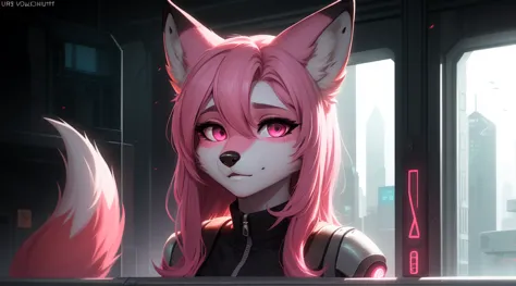 cyberpunk fox, beautiful light and shadow on a beautiful face with light pink hair、ambientebeleuchtung am strand、ultra-fine fur、...