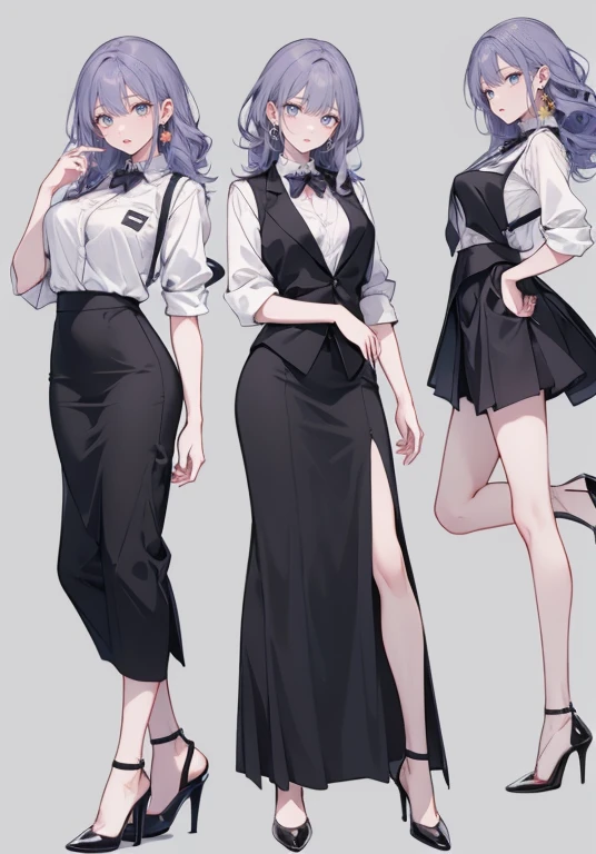 ((Perfect Face)),Purple Hair,voluminous long hair,Adult female,bartender,suit,Black vest,((A shirt with rolled up sleeves)),tie,skirt,slit,High heels,,((Simple Background)),smile,((Full Body)),((full body)),Character portrait,virtual,upright,,Both arms are down,Standing upright,