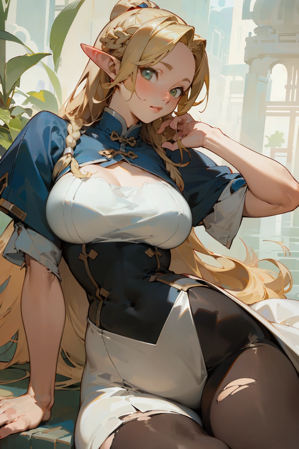 (masterpiece, best quality) detailed, Wearing black tights, silver accessories ,  bionde ,elegant, Pointed ears ，Chinese element pattern，thigh，Leaking thigh，White long skirt，Clothes are torn，individual，Alphonse Mucha's，Large Breasts