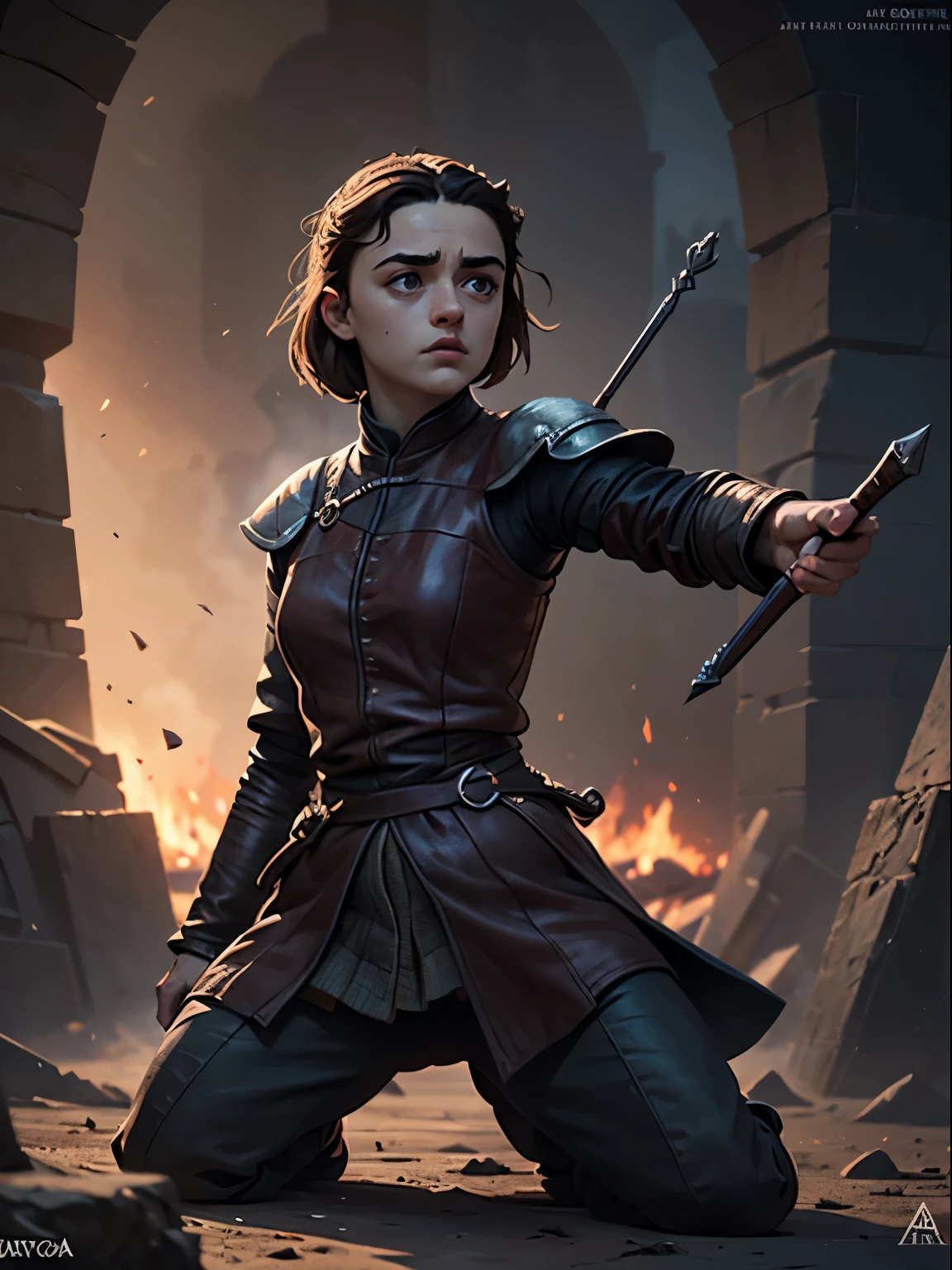 cinematic poster, Arte centrada, arte porno, 1 chica, solo, ((solo)), (((solo un personaje))),  Arya Stark in dynamic pose, A Guerra dos Tronos, Game of Thrones, Adobe Illustration, tendencia en artstation, 8k, hdr , parte maestra, hermoso arte, detalles intrincados.