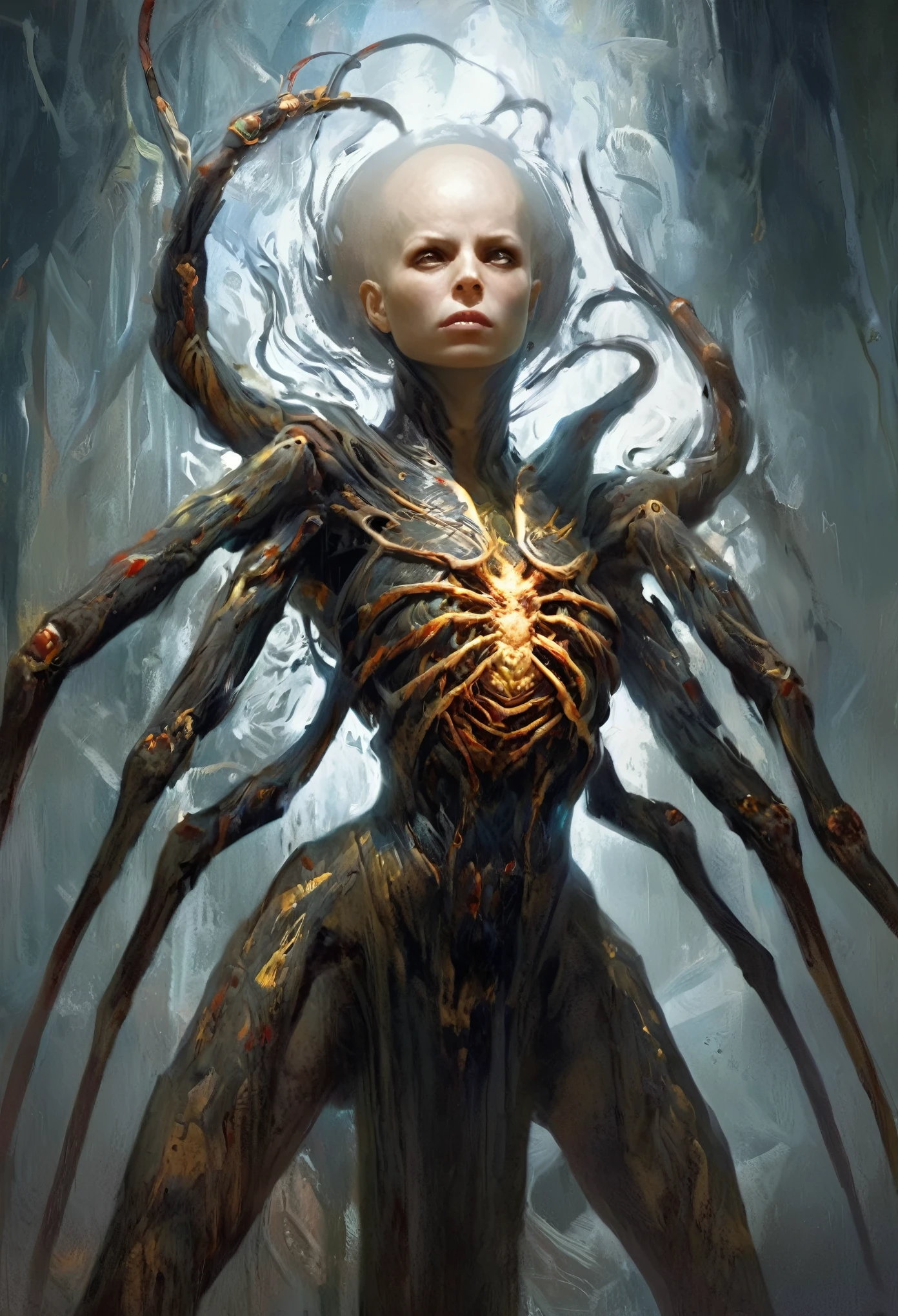 best quality,4k,8k,highres,masterpiece:1.2),ultra-detailed,realistic,photorealistic:1.37,this creature, a terrifying fusion of spider and human female with six arms, embodies a grotesque harmony of two distinct forms. Its upper body retains the unmistakable features of a woman, albeit distorted by the merging process. its eyes gleam with a sinister intelligence, more arachnid than human. (no hair, white skin:1.3),

From the torso sprout four additional limbs, elongated and jointed like a spider's, yet retaining a disturbingly human fleshiness. These arms are equipped with fingers that end in sharp, chitinous claws, capable of rending flesh with ease.

The lower body is a fusion of spider and human anatomy, with the abdomen stretching out behind like that of a monstrous arachnid. Jagged spines protrude from its exoskeleton, each one a reminder of its unnatural origins. The legs, a grotesque combination of human thighs and spider's hairy appendages, provide both agility and strength, enabling it to skitter across surfaces with alarming speed and grace.

In its presence, one cannot help but feel a primal fear, as if staring into the abyss where human and arachnid merge to create a nightmare incarnate.