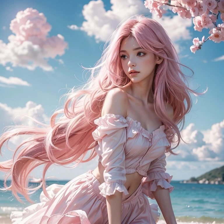 Light pink hair, Pink Eyes, Pink and white,  Vibrant colors, Paint Splash, Wavy long hair,angel, Many feathers fluttering、Large wings from the latissimus dorsi、Above the Clouds ,highest quality, masterpiece, Ultra-high resolution, (Realistic:1.4), RAW Photos, One girl, Off the shoulder, Modest, 