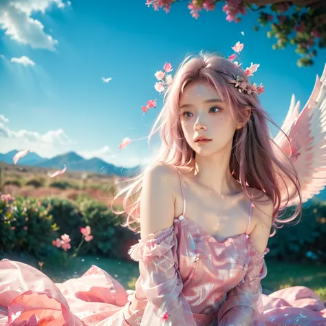 Light pink hair, Pink Eyes, Pink and white,  Vibrant colors, Paint Splash, Wavy long hair,angel, Many feathers fluttering、Large ...