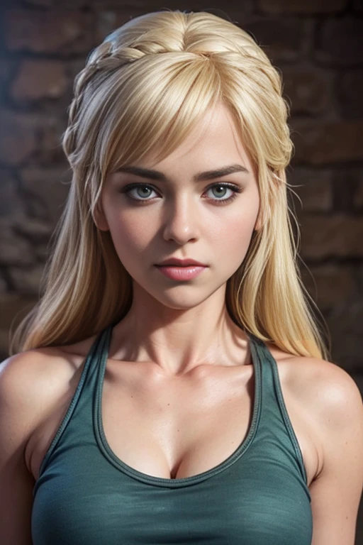 Punktzahl_9, Punktzahl_8_hoch, Punktzahl_7_hoch, Punktzahl_6_hoch, Punktzahl_5_hoch, 1 Mädchen,  laut, Game of Thrones, enges Tanktop, Dekollete, blondes Haar, (wahnsinnig detailliert, Schönes, detailliertes Gesicht, Meisterwerk, beste Qualität